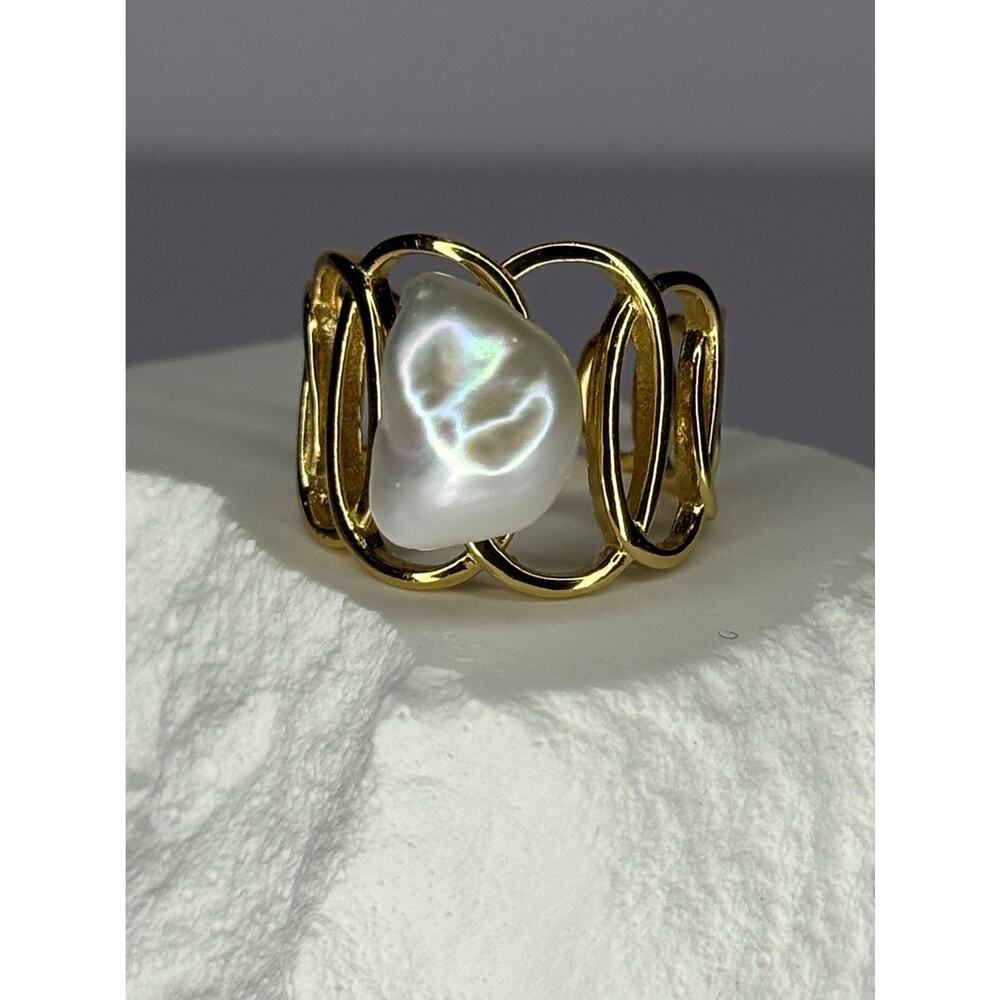 925 Sterling Silver Gold Plated Pearl Ring Adjustable